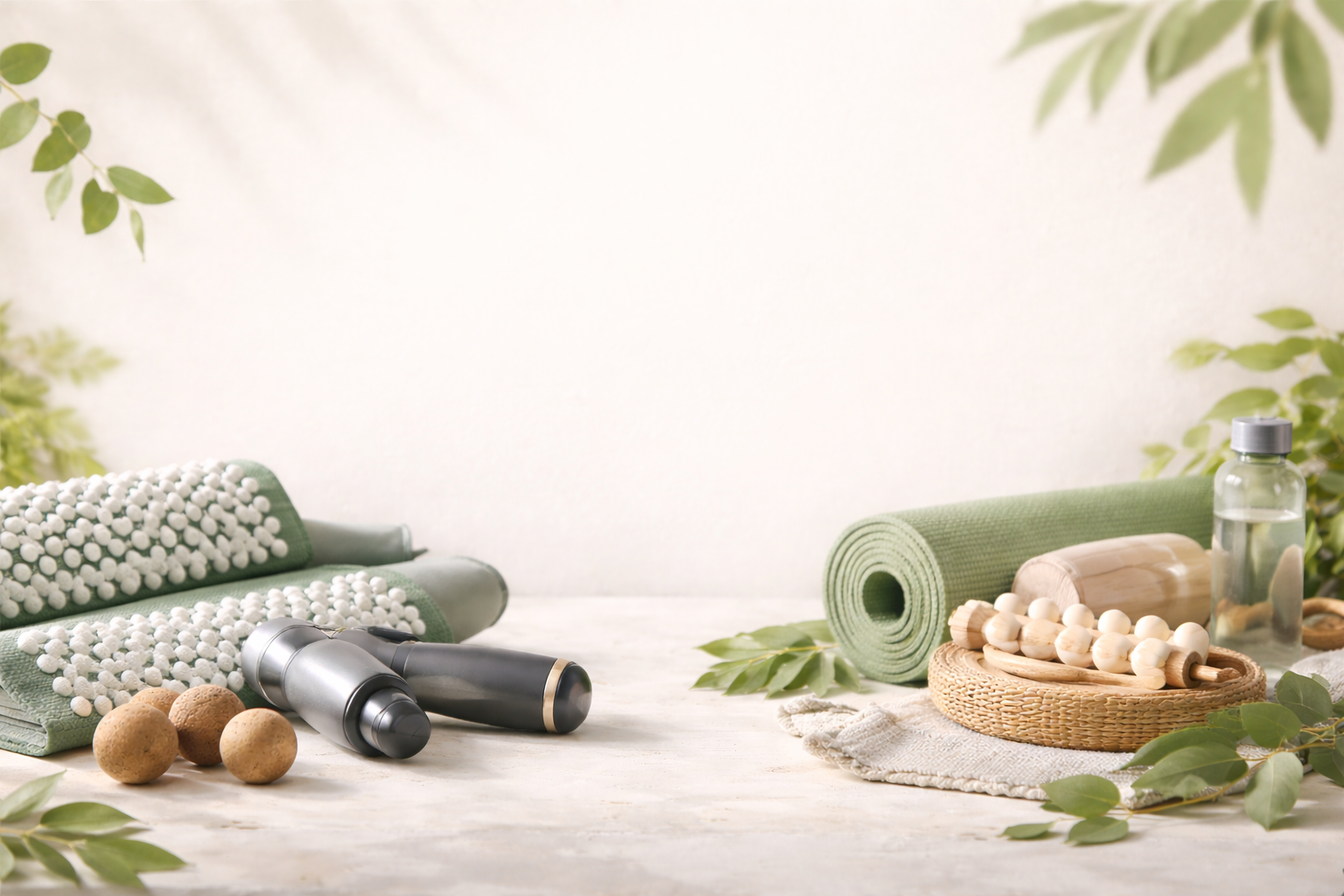 Table with yoga mat, roller, and wellness items on a light background